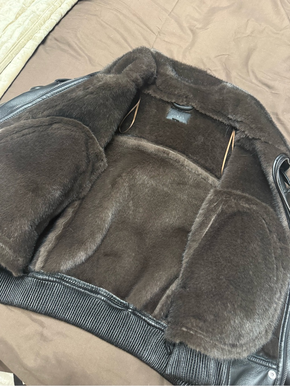 Zara Men's Dark Brown Shearling-Lined Bomber Jacket